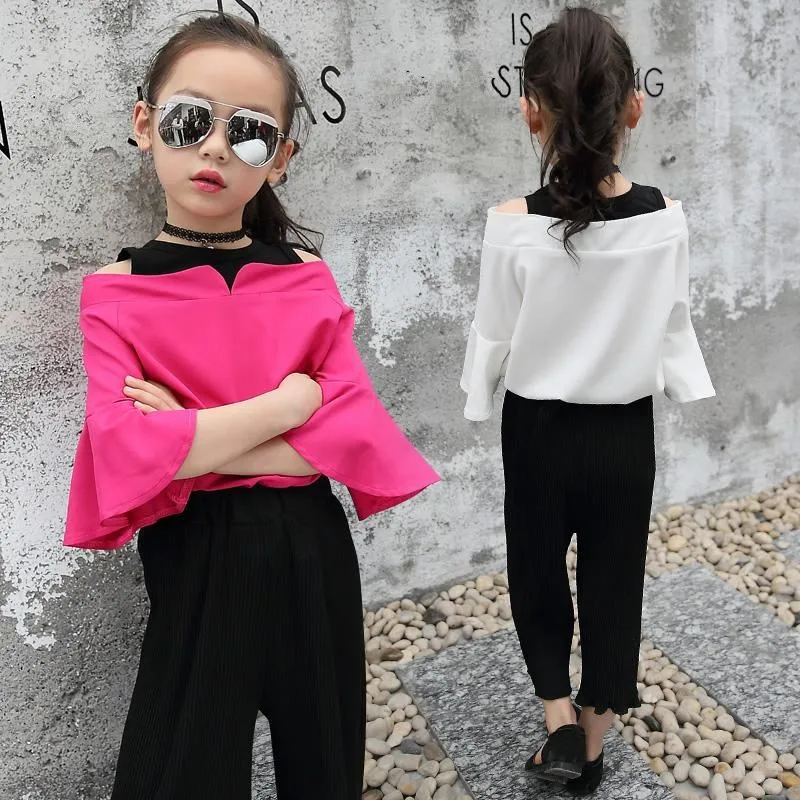 2018 Spring Autumn Girls Flare Sleeve T-shirt+Pants Fashion Princess Clothing Sets Kid Bare shoulder School Sport Clothes set | Мать и