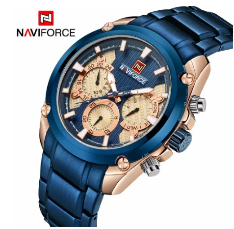 Часы наручные NAVIFORCE мужские спортивные брендовые Роскошные Синие золотистые