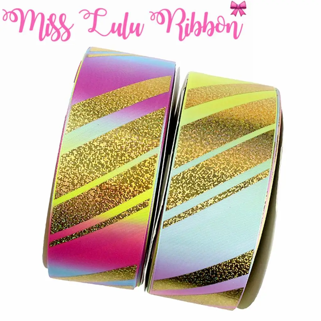 

3"75mm Gold Hologram Foil Stripes Rainbow Gradient Color Printed Grosgrain Ribbon DIY Hair Bowknot Hair Band Making 50yards/roll