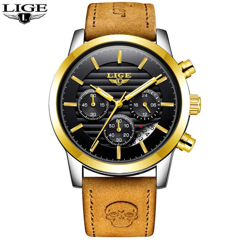 Relogio Masculino LIGE модные часы мужской спортивный Военный Мужские часы, наручные часы лучший бренд класса люкс Кварцевые водонепроницаемые кожаные золотые часы