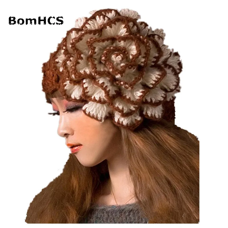 BomHCS Big Flower Women Winter Warm Beanie 100% Handmade Knit Crochet Hat Caps Gift