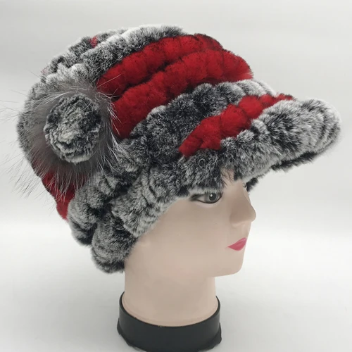 grey and red Новые зимние женские полосатые и цветочные натуральные шапки из меха кролика рекс вязаная русская натуральная шапка из меха кролика рекс теплая Женская шапка из натурального меха - Цвет: grey and red