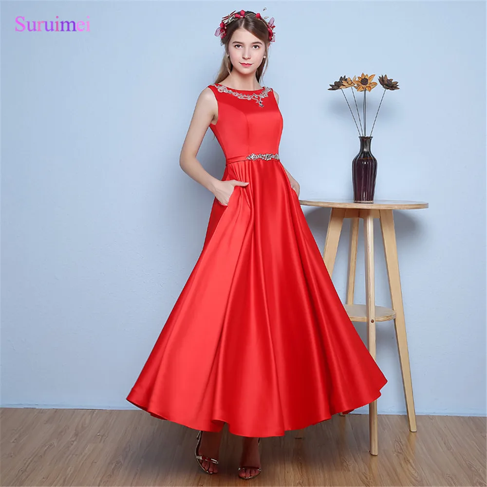 

Latest Design Ankle Length Prom Dresses with Side Pockets Beaded Sash Red Satin Prom Gown Backless V Back Women Dress