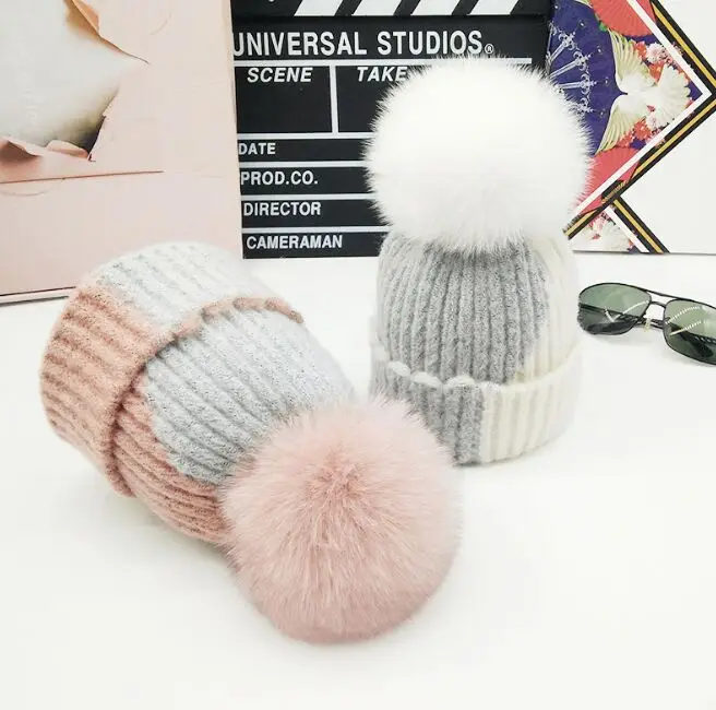 PUNS002 Новая женская зимняя вязаная шапка с помпоном из лисьего меха|fur hat|fur pom pomfox fur