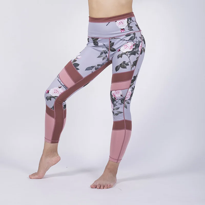 

Women High Elastic Waist Ankle-length Fitness Pants Flower Print Patchwork Breathable Close Fit Yoga Pants Exercise Workout Wear
