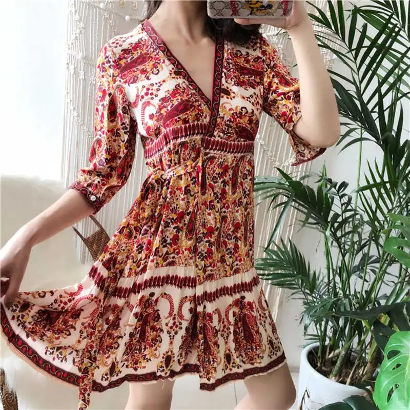 Boho Вдохновленный красный цветочный принт wrap мини платье женское v образный вырез
