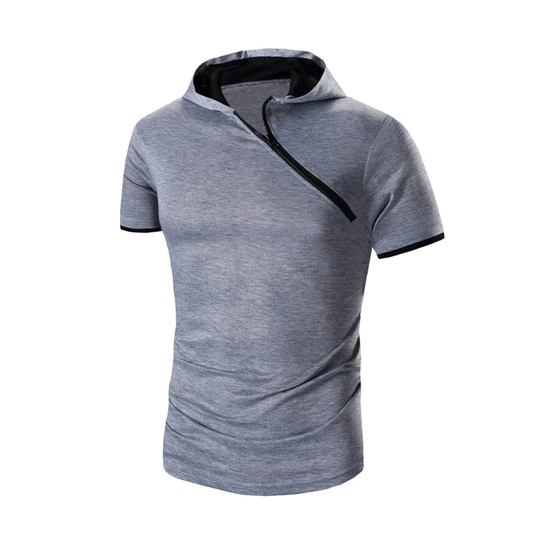Men 's personality brand clothing t shirt men Popular new 2017 Slim short - sleeved hooded oblique zipper 3 color XXXL | Мужская