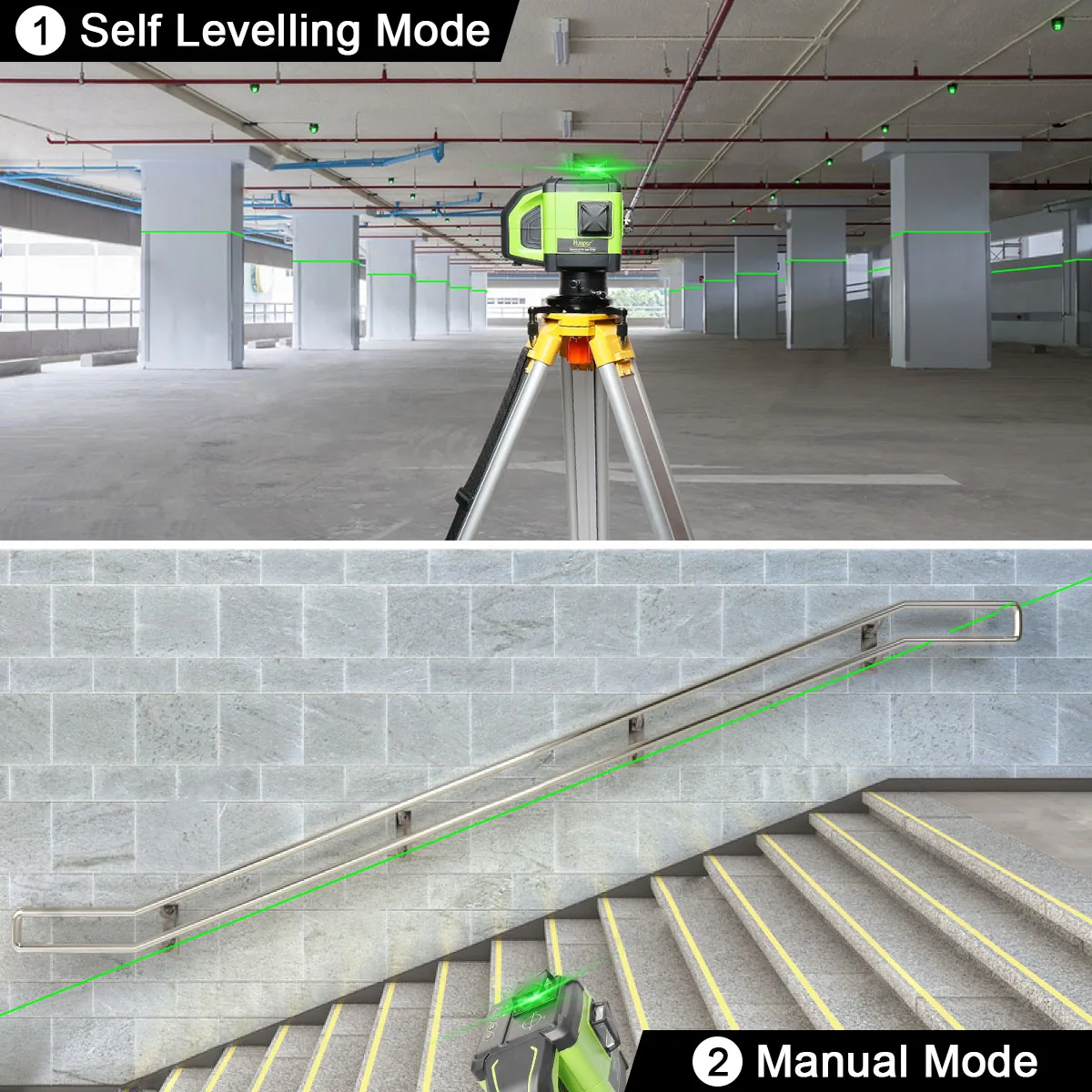 Huepar Electronic Self-Leveling 3D Green Beam Laser Level 3x360 Cross Line Three-Plane Leveling Alignment-Dual Slope Function
