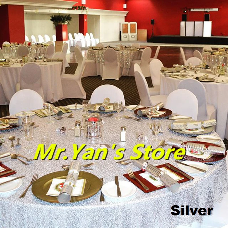 

Silver party tablecloth 60x102in Round Embroidered Sequin Table cover for Wedding Event Banquet Party Christmas Decoration