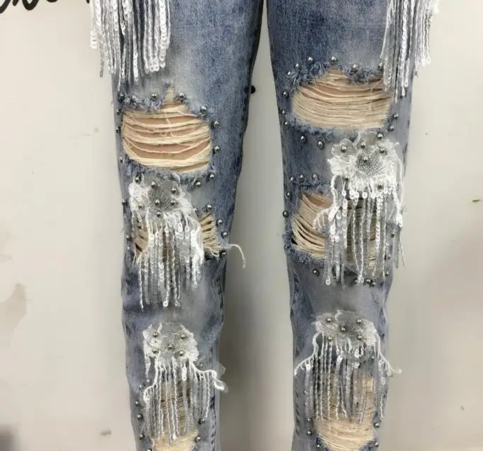 

2019 Summer Fashion Hole Jeans Women Tassel Beaded Flower Embroidered Ankle Length Straight Jeans for Girls