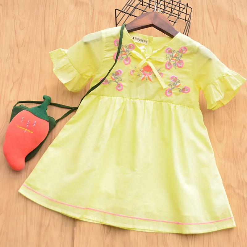 Детская одежда с вышитыми цветами для девочек 2019 платья принцессы бантом летнее