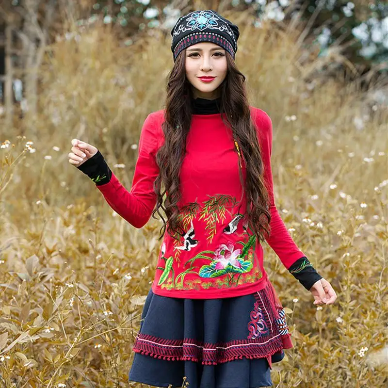 2019 Осенняя футболка с вышивкой повседневные женские винтажные Модные Топы