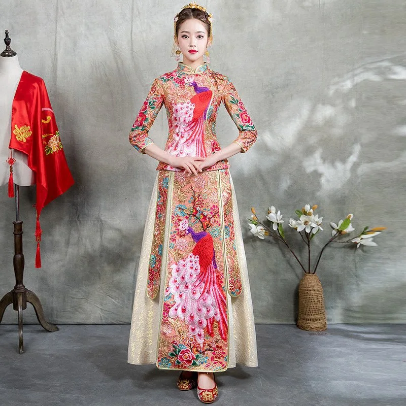 Китайский традиционный Cheongsam изысканной вышивкой Свадебные Винтаж шоу на сцене Костюмы элегантный Ципао вечернее платье комплект