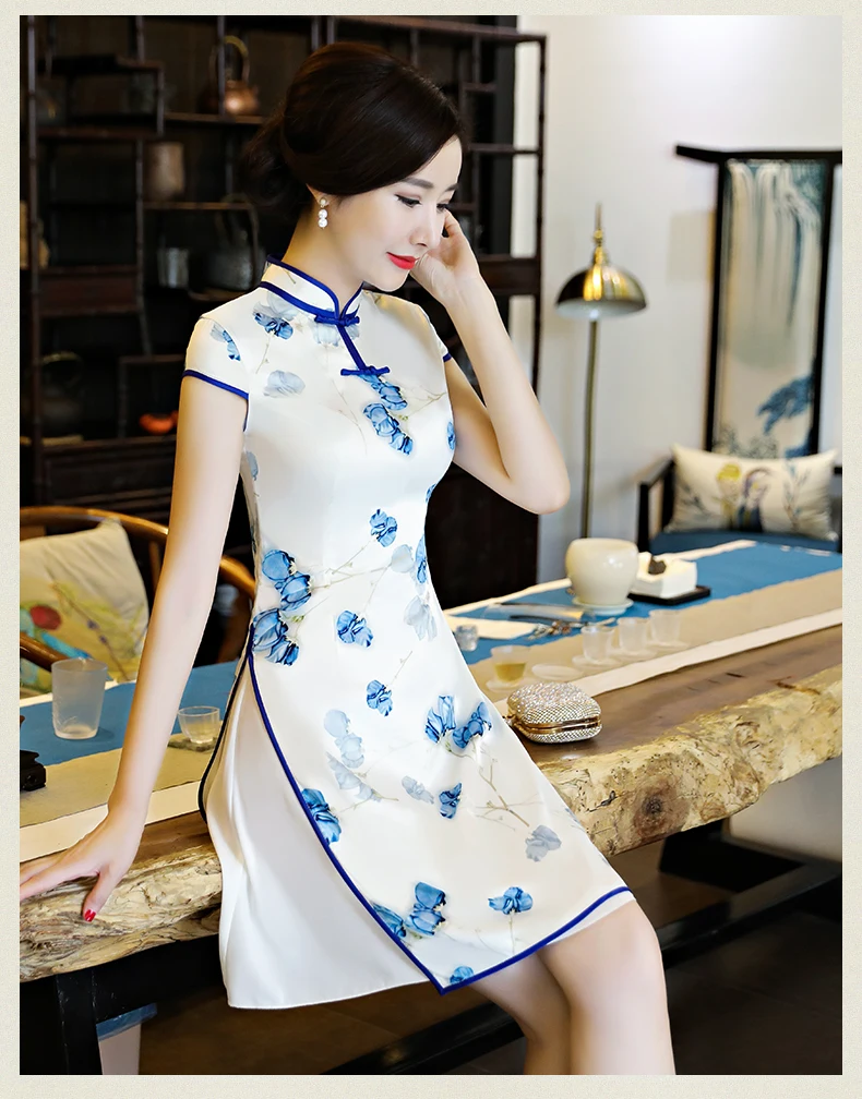 Шанхай история искусственного шелка короткие Cheongsam красный Qipao платье в
