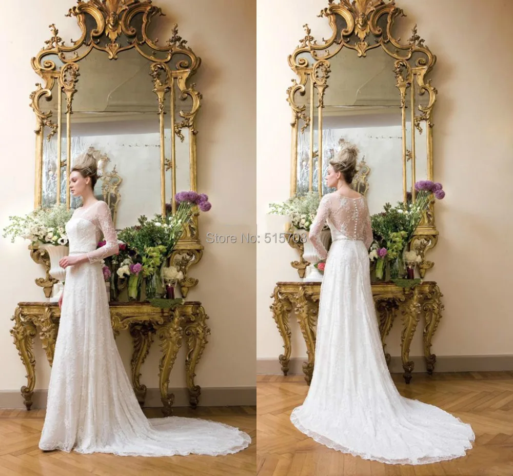 

Elegant Wedding Gown Lace Long Sleeves Sheer Back Buttons Round Neck With Long Train Custom Made A line Wedding Dresses