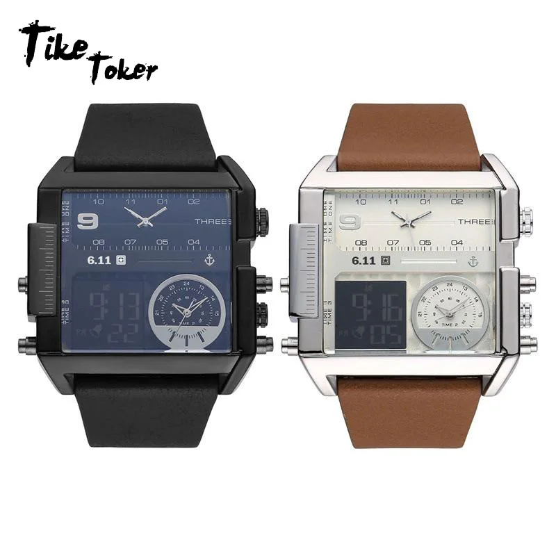 

Tike Toker,men sports watches 3 time zone big man fashion watch leather rectangle quartz wristwatches relogio masculino clock