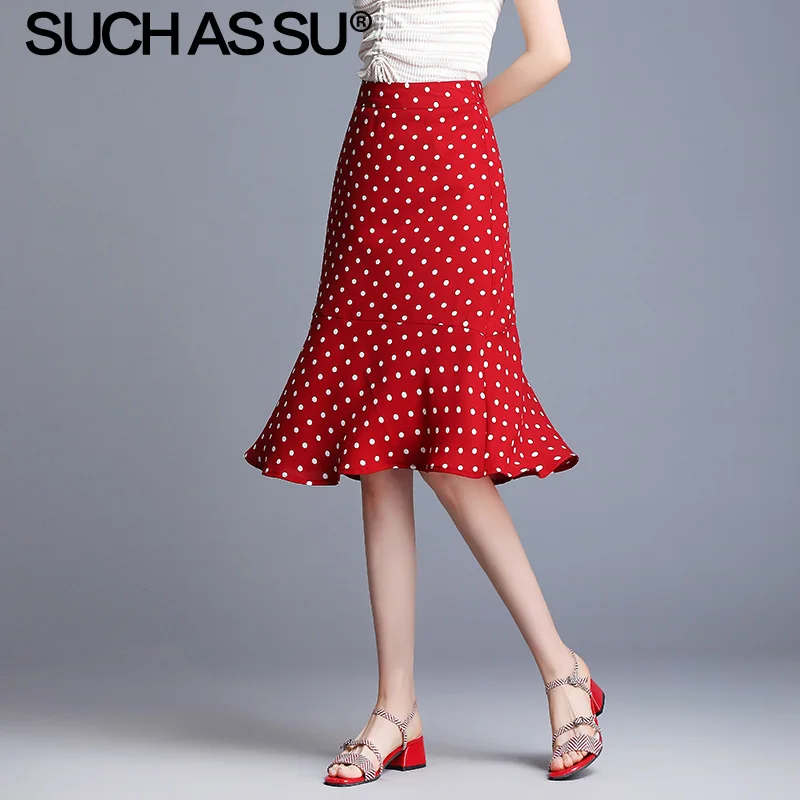 Red skirt Летняя юбка корейское платье-карандаш плиссированная юбка средняя длинная юбка-Русалка размера плюс белый черный красный горошек шифоновые юбки для женщин - Цвет: Red skirt