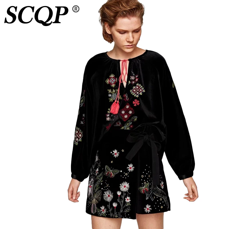 SCQP Черный цветочной вышивкой блузка кисточкой весна корейский стиль Для женщин с