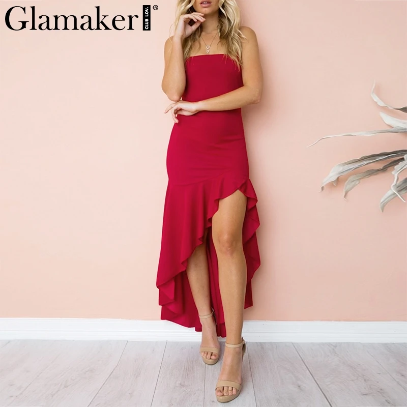 Женское длинное платье с высокой талией Glamaker черное вечернее рюшами и открытой