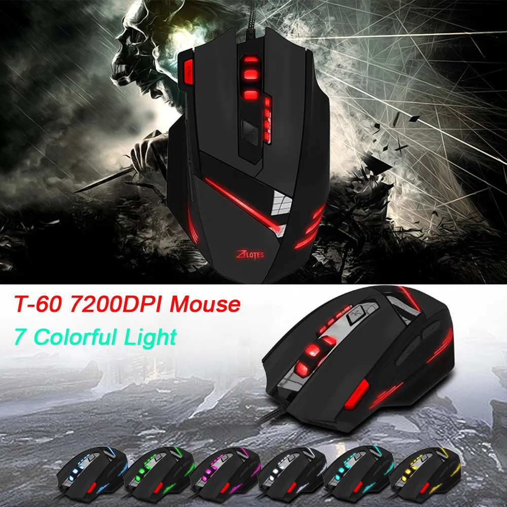 ZELOTES T-60 Проводная игровая мышь USB 7 кнопок 7200DPI оптическая Регулируемая