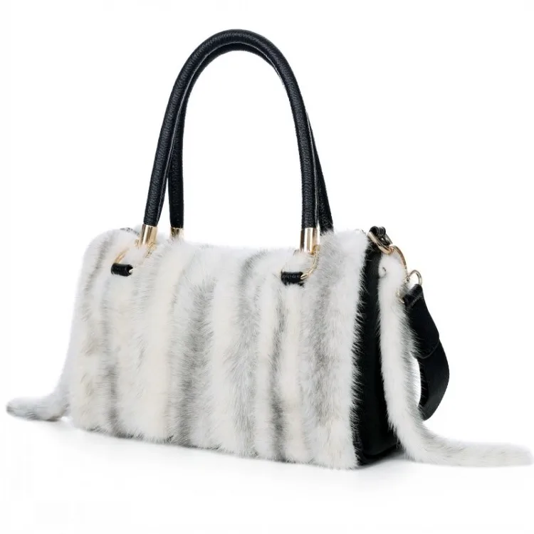 melhor Branco Cinza Listrado Pele De Vison Bolsas Femininas Bolsa De Couro Mochila Cruz Branca Vison Peles Listras Sacos Com Cauda