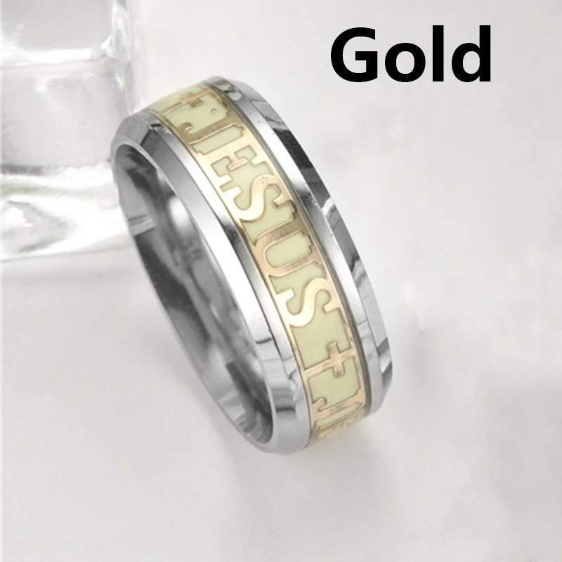 gold ELSEMODE Luminous JESUS Cross Christ Ring Titanium Steel Glowing In The Dark Wedding Engagement Rings For Women Men Jewelry - Цвет основного камня: gold