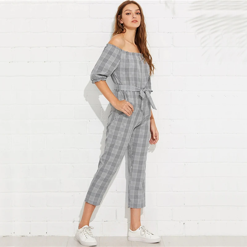 Dotfashion серые клетчатые комбинезоны с открытыми плечами и завязками на талии для женщин элегантные комбинезоны весенний комбинезон с завышенной талией