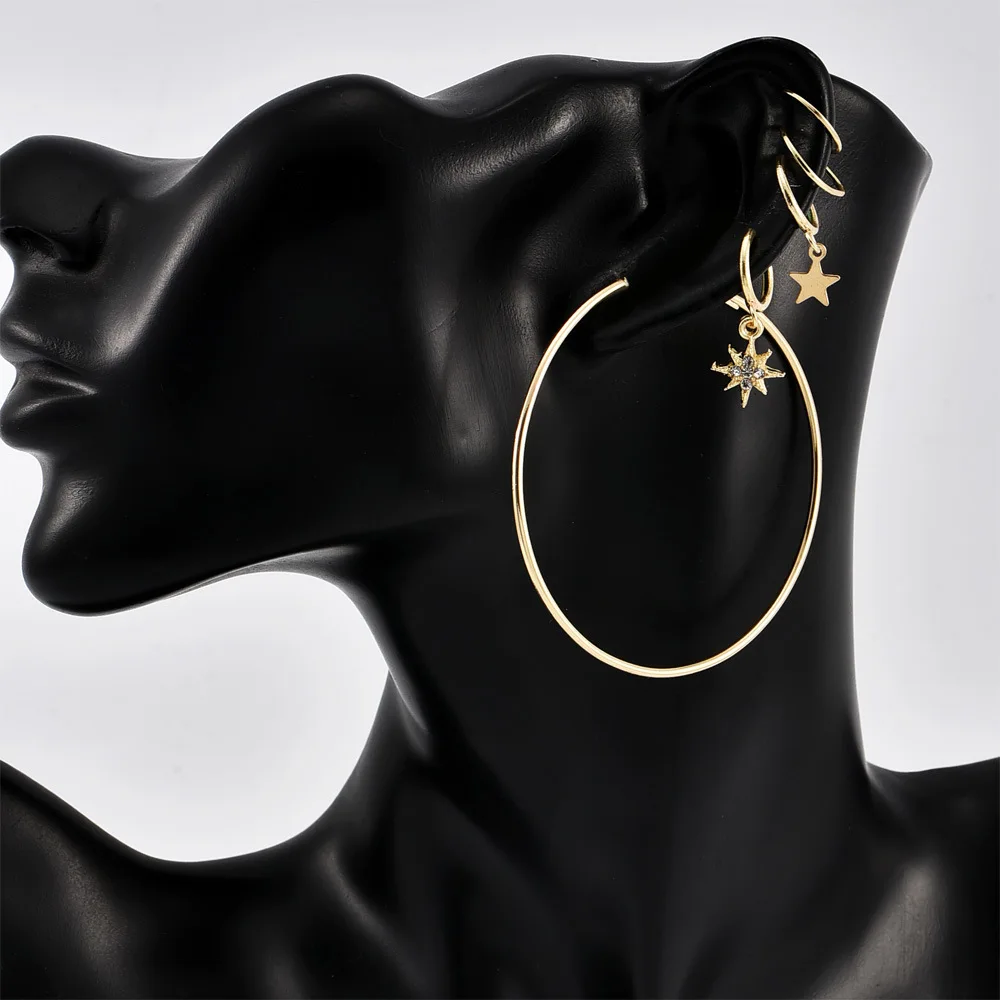 New Fashion Popular Personality Women's Exaggerated Five-pointed Star Big Circle Earrings Combination Set Hot Jewelry Wholesale