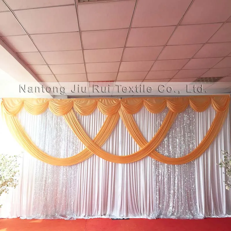 

3m Hx 6mW New Design Hot Sale White Curtain With Light Gold Swag Silver Sequin Drape Wedding Backdrop
