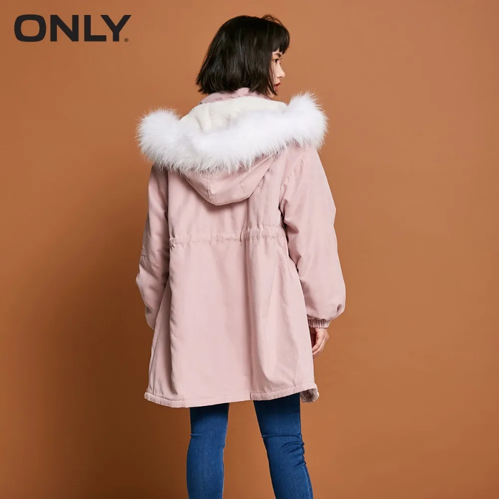 ONLY Women's Raccoon Fur Collar Cinched Waist Long Cotton Coat |118122501
