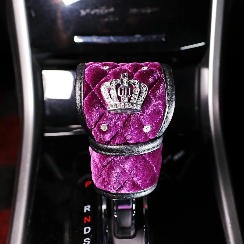 shifter cover 1pcs Фиолетовые алмазные хрустальные короны, аксессуары для автомобиля, плюшевые меховые автомобильные чехлы на руль, подголовник, ремень безопасности, крышка переключения передач - Название цвета: shifter cover 1pcs