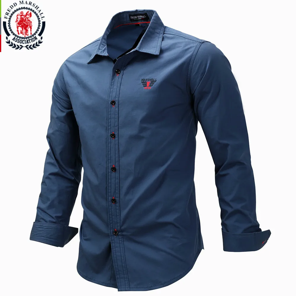 118 Royal Blue Fredd Marshall, новинка, модные мужские однотонные рубашки с длинным рукавом и вышивкой, мужская приталенная рубашка, деловые рубашки, 3XL 118 - Цвет: 118 Royal Blue