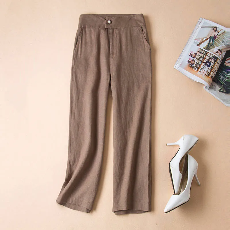 Женские хлопковые и льняные брюки с широкими штанинами летние повседневные