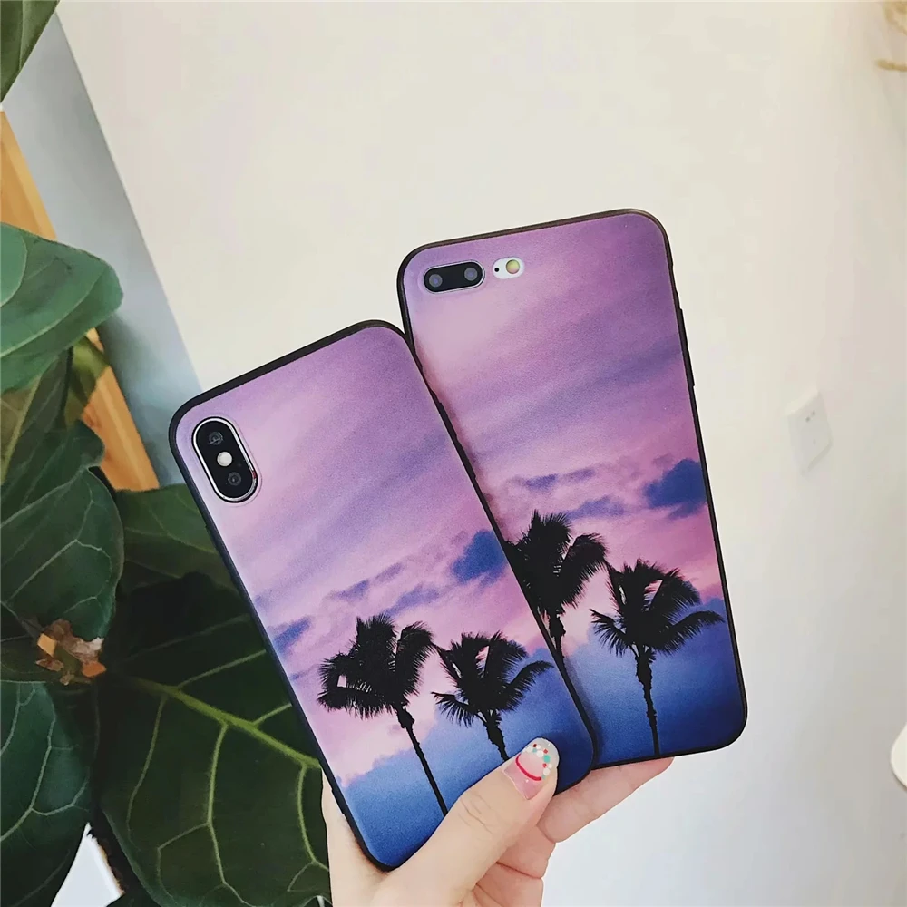 Красивый закат Фиолетовый облака чехол для iPhone 7 кокосовых пальм картина Soft