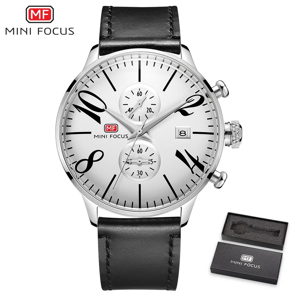 Silver white black Спортивные мужские часы с мини-фокусом, водонепроницаемые, кожаный ремешок, модные мужские наручные часы, кварцевые часы для мужчин, люксовый бренд, Relogio Masculino - Цвет: Silver white black