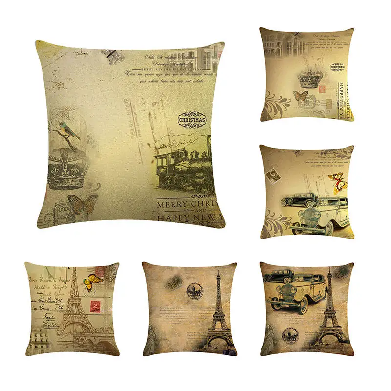 

Retro Pillowcase Flower Paris Cushion Cover Letter Happy New Year Linen Car Chair Seat Wedding Throw Decorative Pillows ZY349
