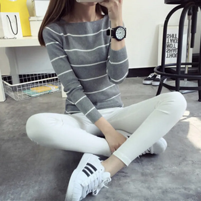 2016 new hot sale women's spring autumn knit pullover sweaters woman o-neck striped sweater 2 colors | Женская одежда