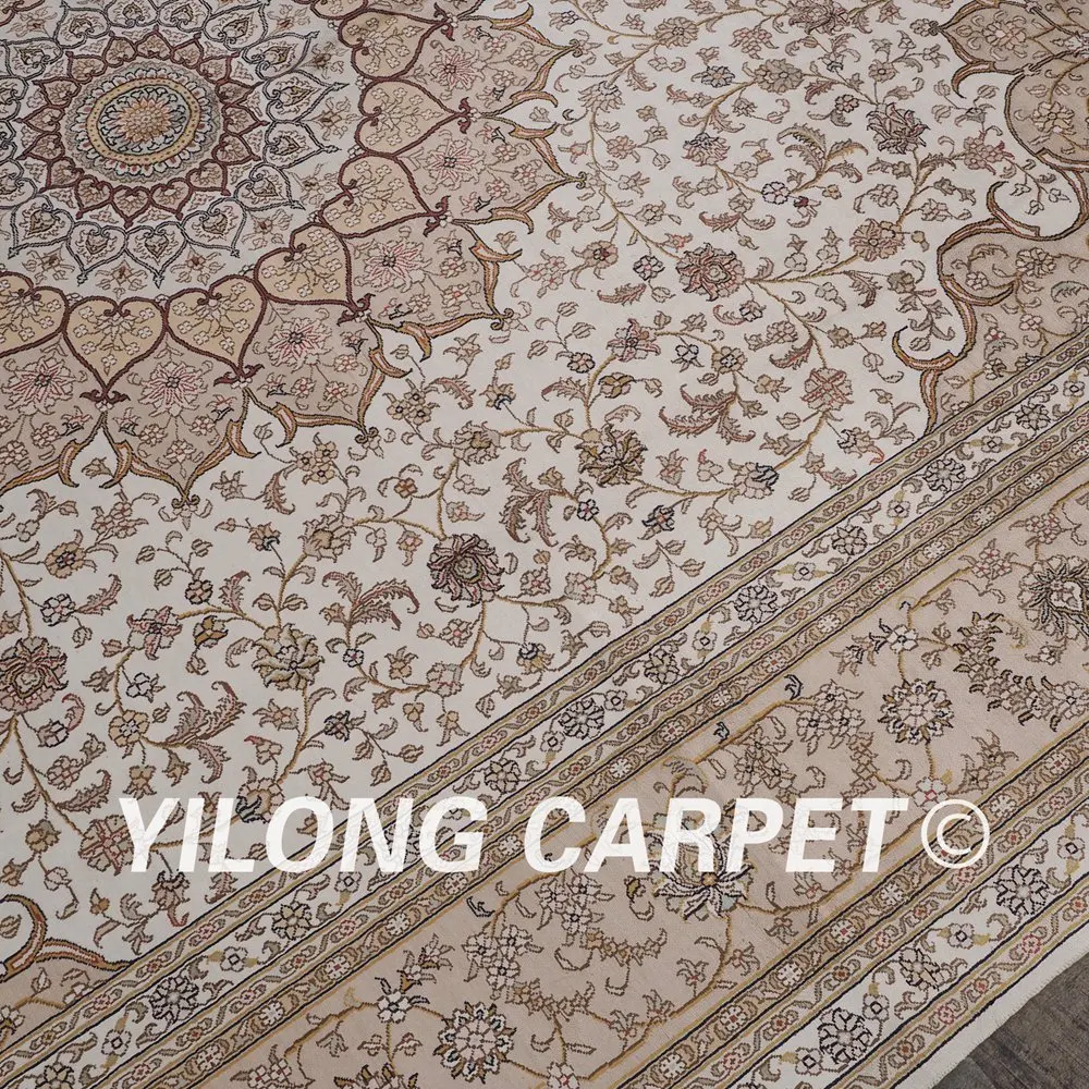 Yilong 9'x12' персидский шелковый ковер бежевый античный турецкий ручной работы