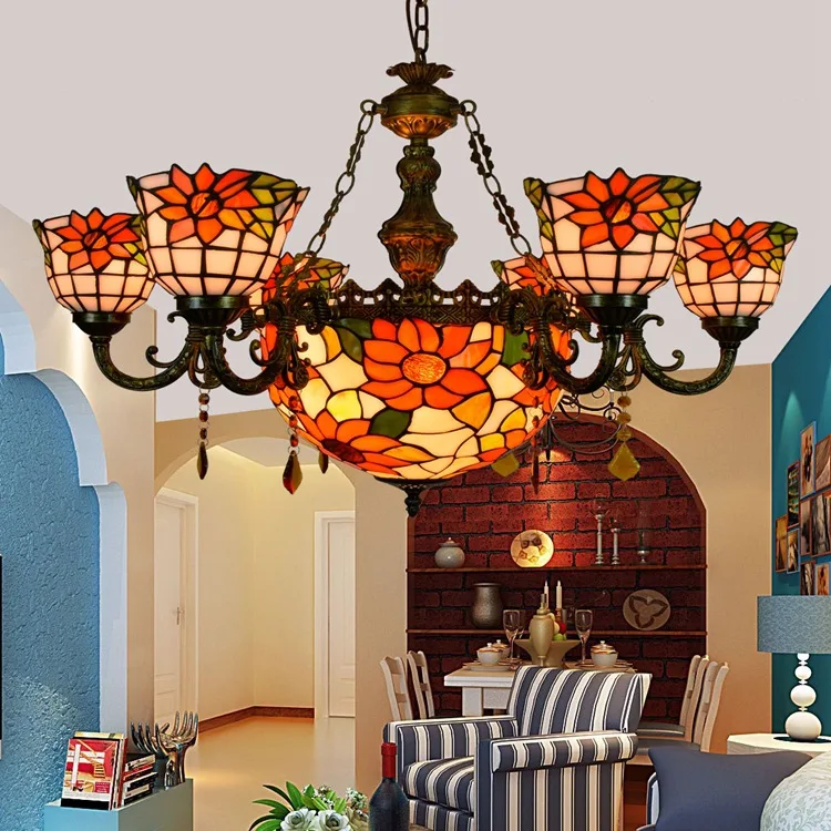 

Tiffany sunflower Stained Glass Suspended Luminaire E27 110-240V Chain Pendant lights for Home Parlor Dining Room