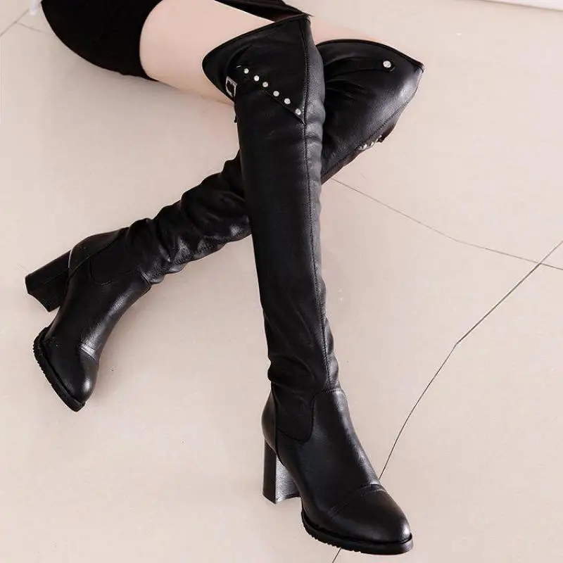 2017 New Autumn And Winter With Thick High-heeled Boots Female Knee Elastic Rivet Sleeve | Обувь
