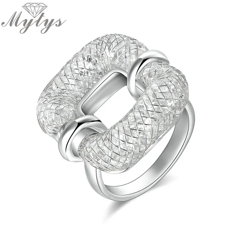 Mytys серебряное Сетчатое пустотелое квадратное кольцо с кристаллами модные