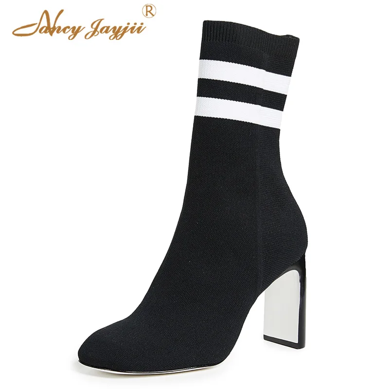 

Black And White Striped Stretch Fabric Sock Boots 2021 Winter Women’s Warm Super High Chunky Heel Ankle Booties Slip On Shoes
