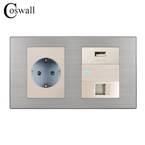 Coswall 16A настенная розетка стандарта ЕС)+ зарядка через usb Порты и разъёмы для мобильного телефона+ 1 Gang 2 позиционный переключатель светодиодный индикатор+ RJ45 Интернет Jack - Тип: Champagne