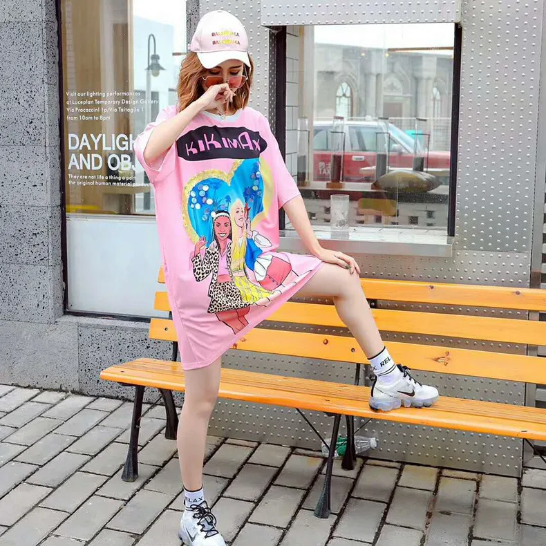 Thailand Tide brand 2019 summer new street fashion people beauty print sequins long short-sleeved t-shirt female | Женская одежда