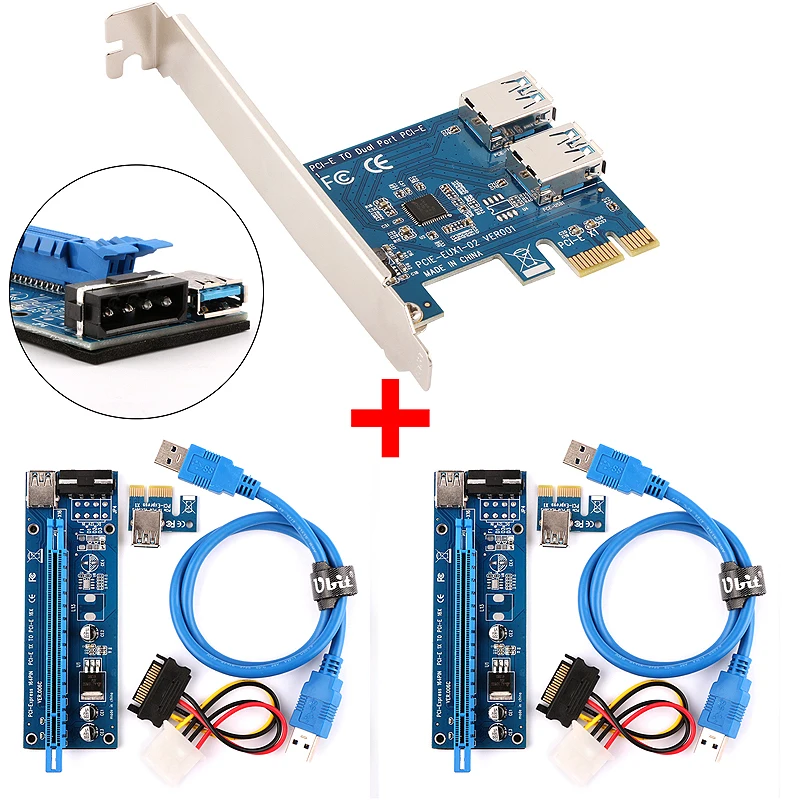 Плата адаптера Райзера Ubit PCI E Rabbet Ethernet Mining 2 в 1 плата к 1X разъему 16X с кабелем