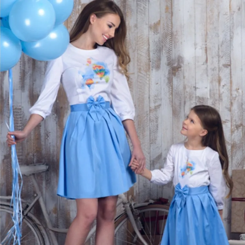 Платья для мамы и дочки рубашка + юбка с галстуком бабочкой Одинаковая одежда