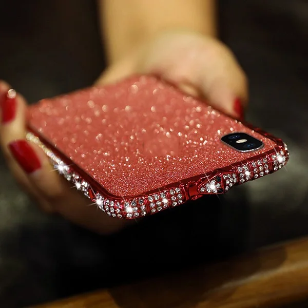 Чехол-бампер с алмазами для iPhone XS Max XR 8 7 6 6S Plus, блестящие стразы, металлическая рамка с задней панелью+ Защитная пленка для передней панели - Цвет: Red