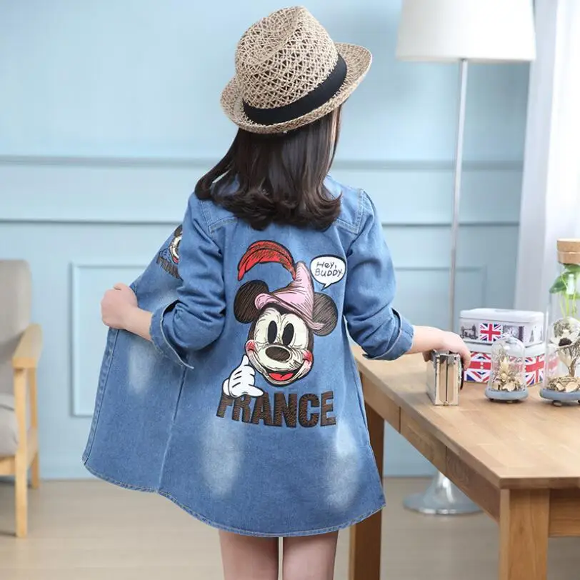 Spring Clothing Jeans Coat for Girls Denim Jackets Cartoon Children Outerwear Kid Active Autumn Clothes Teenager Long Trench Top | Детская