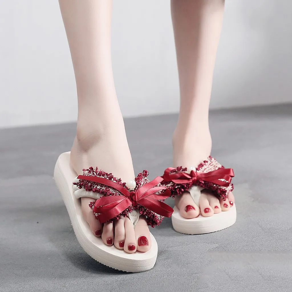 Женские вьетнамки на танкетке повседневные тапки-шлепанцы с бантиком zapatos de mujer