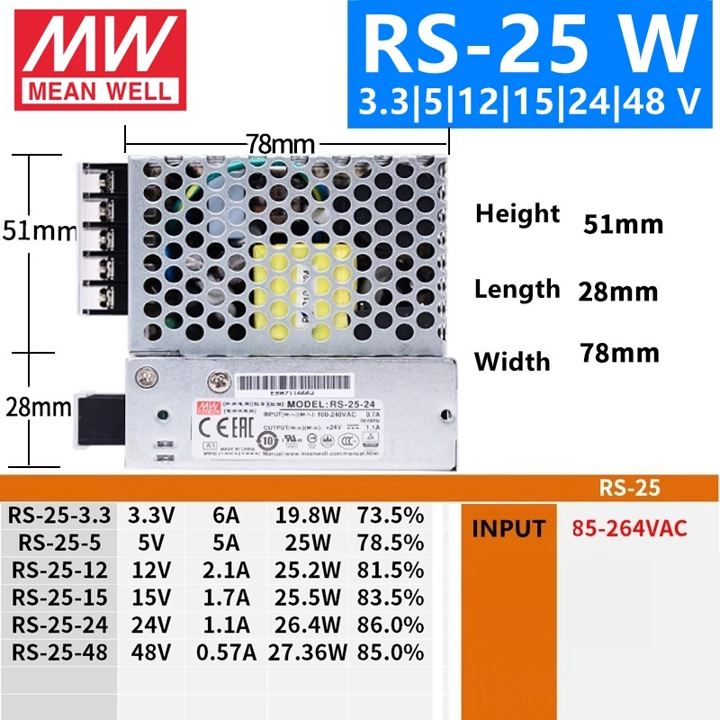 Бренд MEAN WELL представляет RS-15 лист длины 25,35, 50 3,3 V 5V 12V 15V 24V 36V 48 V meanwell RS-50 3,3 до 5 лет, 12 предметов в упаковке 15 24 36 48В одиночный Выход переключение Питание